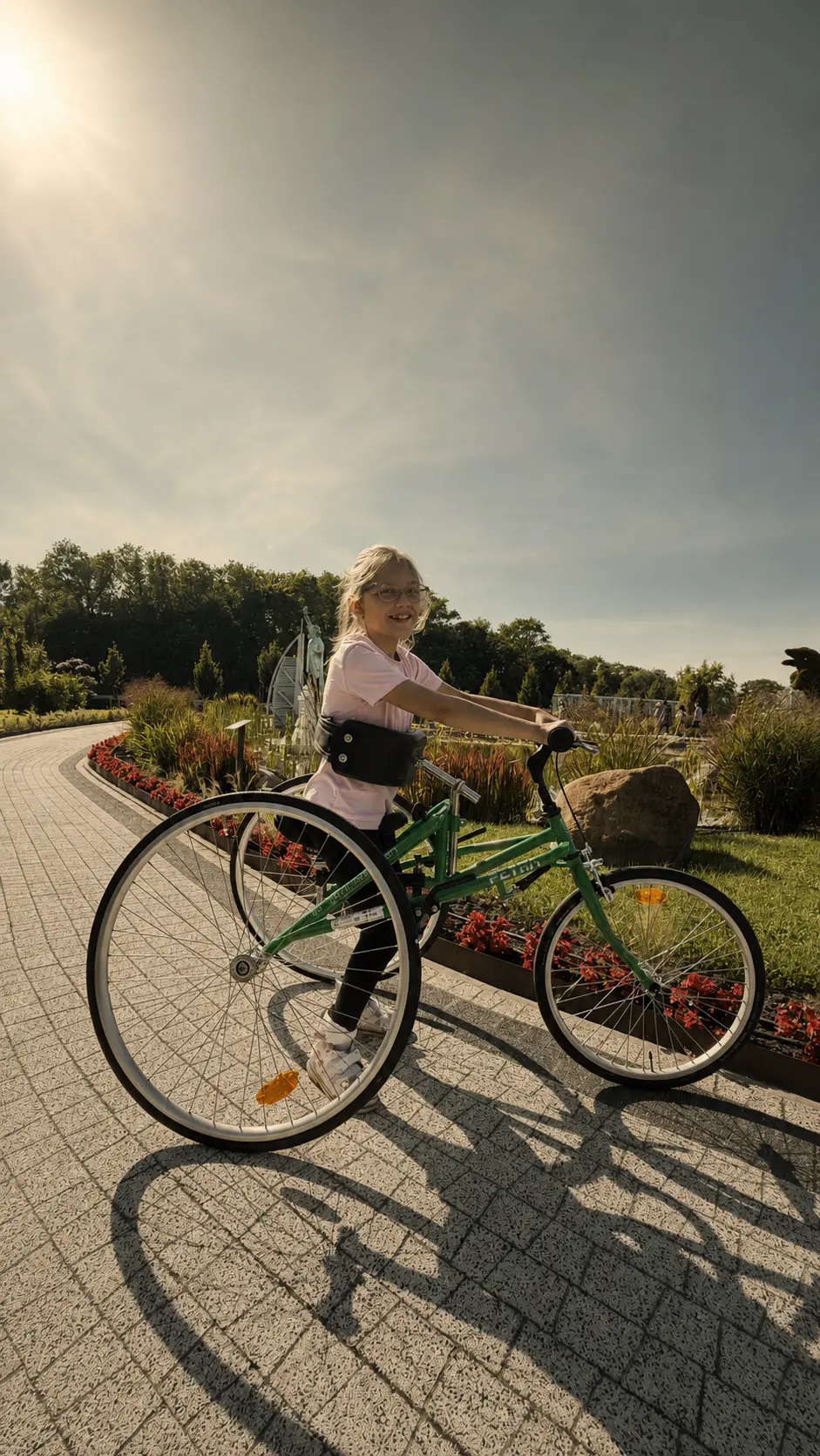 Aistė su bėgimo triračiu saulėtame parke
